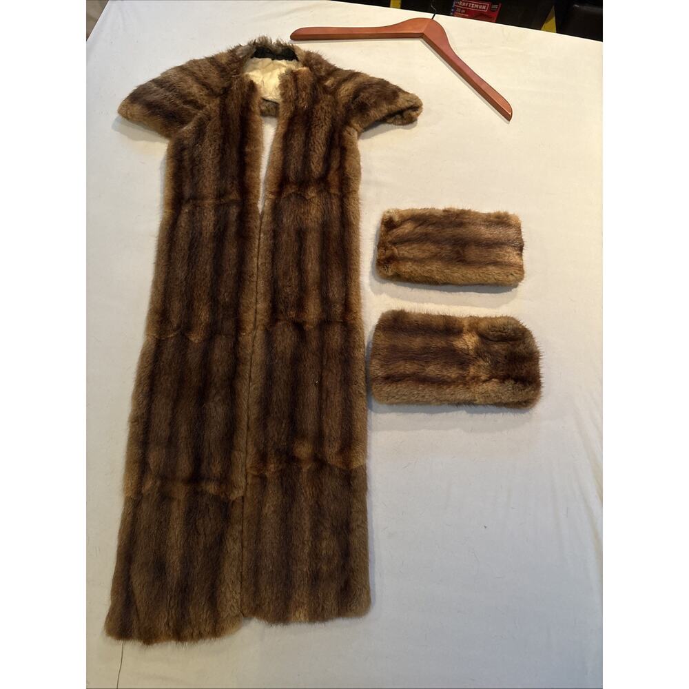 Vintage Muskrat Fur Stole Wrap & Matching Hand Muffs Set Brown 1950s Glamour